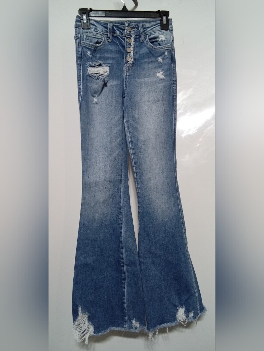 Flying Monkey High Rise Distressed Flare Jeans Size 25 Blue Button Fly